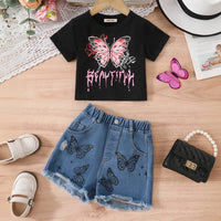 Girls Black Butterfly Printed Short Sleeves T-Shirt With Denim Shorts Set Sets Black 3-4 Y