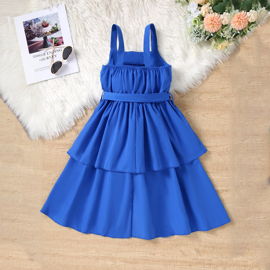 Girls Blue Sleeveless Shoulder Strap Ruffles Dress Casual Dresses