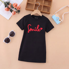 Girls Black Typographic Print Short Sleeve T-Shirt Dress Casual Dresses Black 4-5 Y
