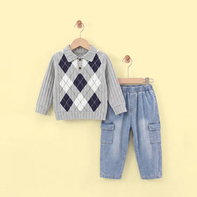 Boys Grey Jacquard Polo Sweater With Denim Pants Sets 2 pc. Sets Grey 2-3 Y
