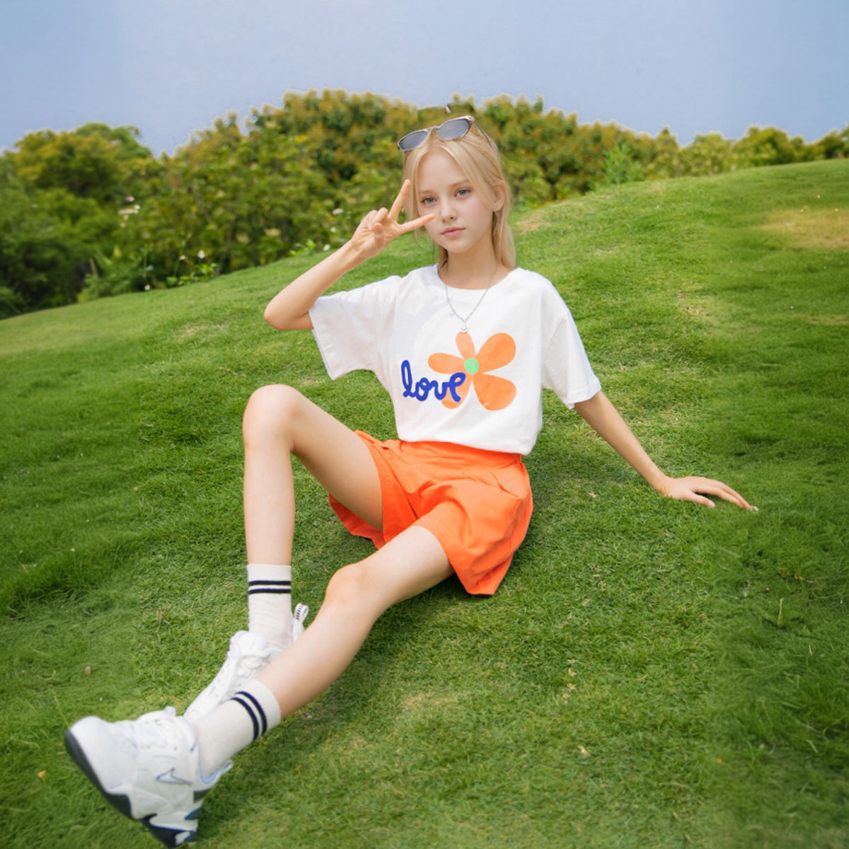 Girls Orange Flower Printed Summer T-Shirt With Shorts Set 2 pc. Sets Orange 5-6 Y