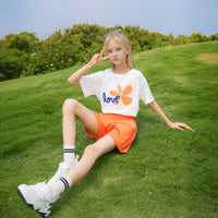 Girls Orange Flower Printed Summer T-Shirt With Shorts Set 2 pc. Sets Orange 5-6 Y