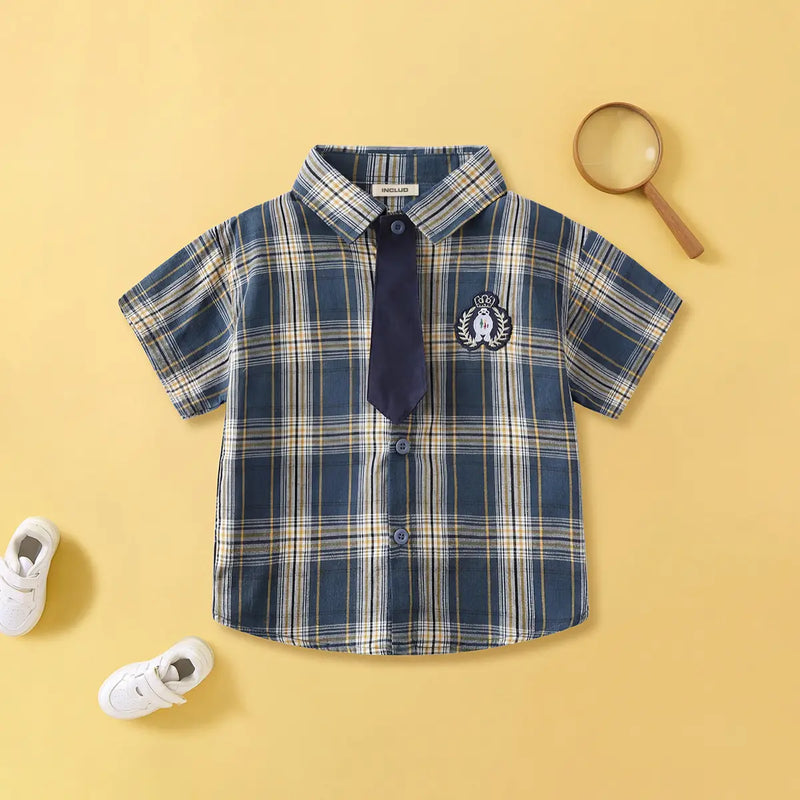 Boys Blue Checked Short Sleeves Shirt With Attached Necktie Shirts Blue 1-2 Y