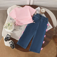 Girls Pink Typographic Print Ruched Top With Denim Pant Sets Sets