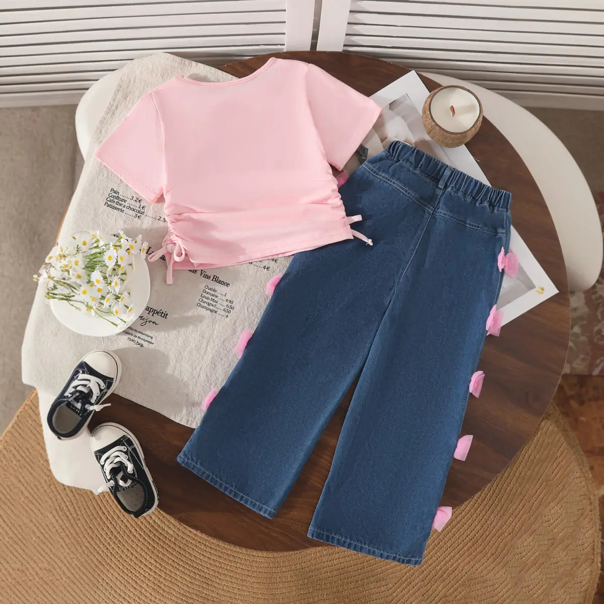 Girls Pink Typographic Print Ruched Top With Denim Pant Sets Sets