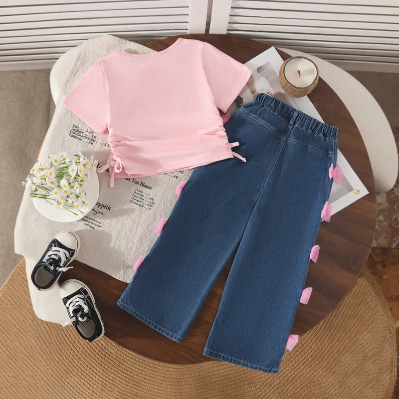 Girls Pink Typographic Print Ruched Top With Denim Pant Sets Sets