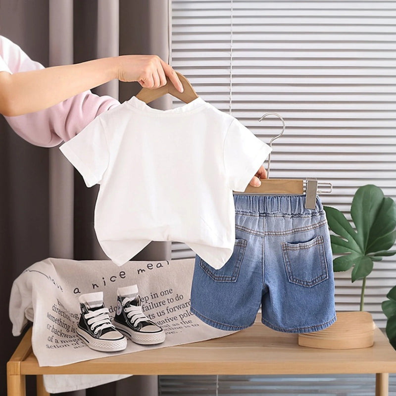Boys White Graphic Printed Short Sleeve T-Shirt With Denim Shorts Sets 2 pc. Sets