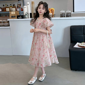 Girls Pink Floral Print Fit & Flare Dress With Puff Sleeves Casual Dresses