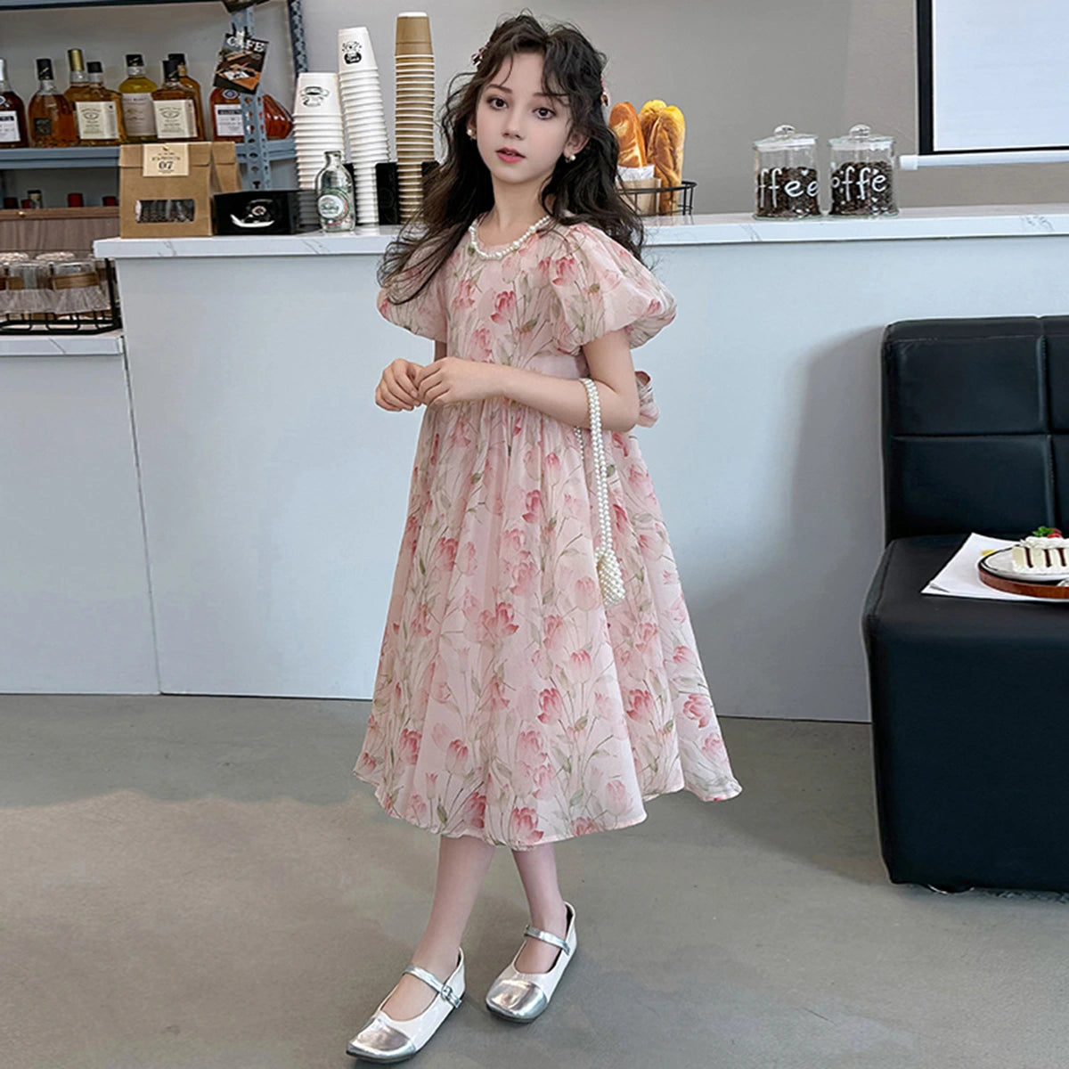 Girls Pink Floral Print Fit & Flare Dress With Puff Sleeves Casual Dresses