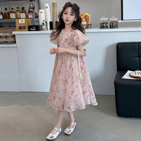 Girls Pink Floral Print Fit & Flare Dress With Puff Sleeves Casual Dresses