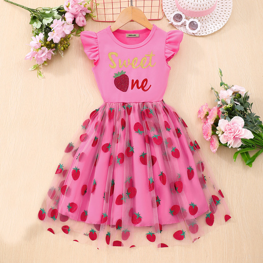 Girls Pink Strawberry Foil Print Tulle Overlay Casual Dress Casual Dresses Pink 2-3 Y