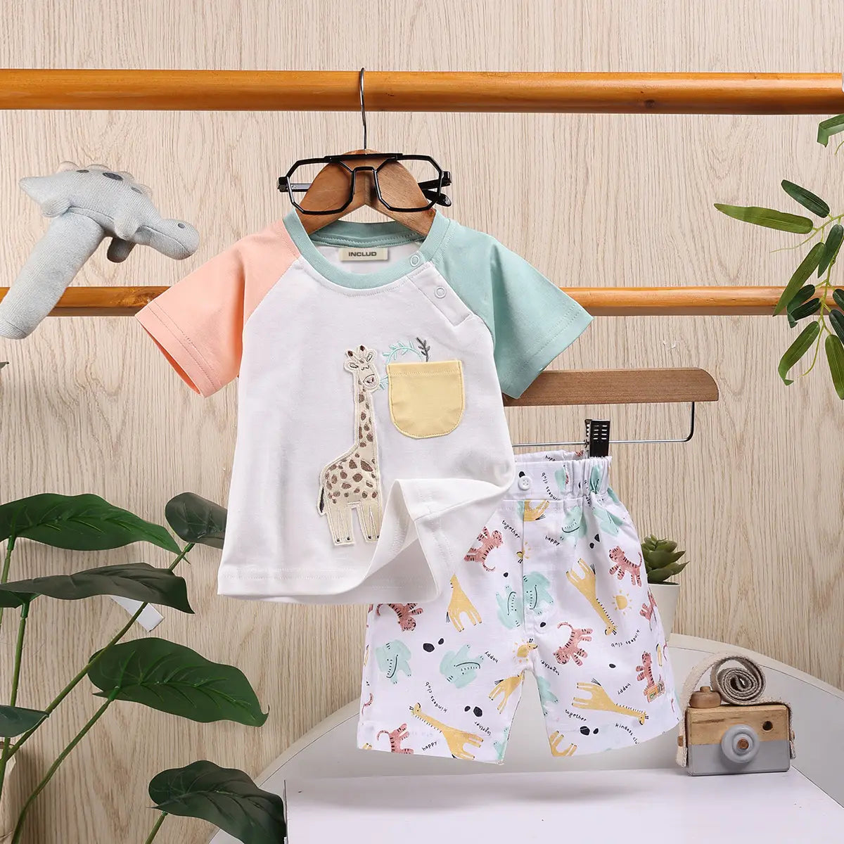 Boys Orange Animal Applique T-Shirt With Printed Shorts Sets 2 pc. Sets Orange 0-3 M