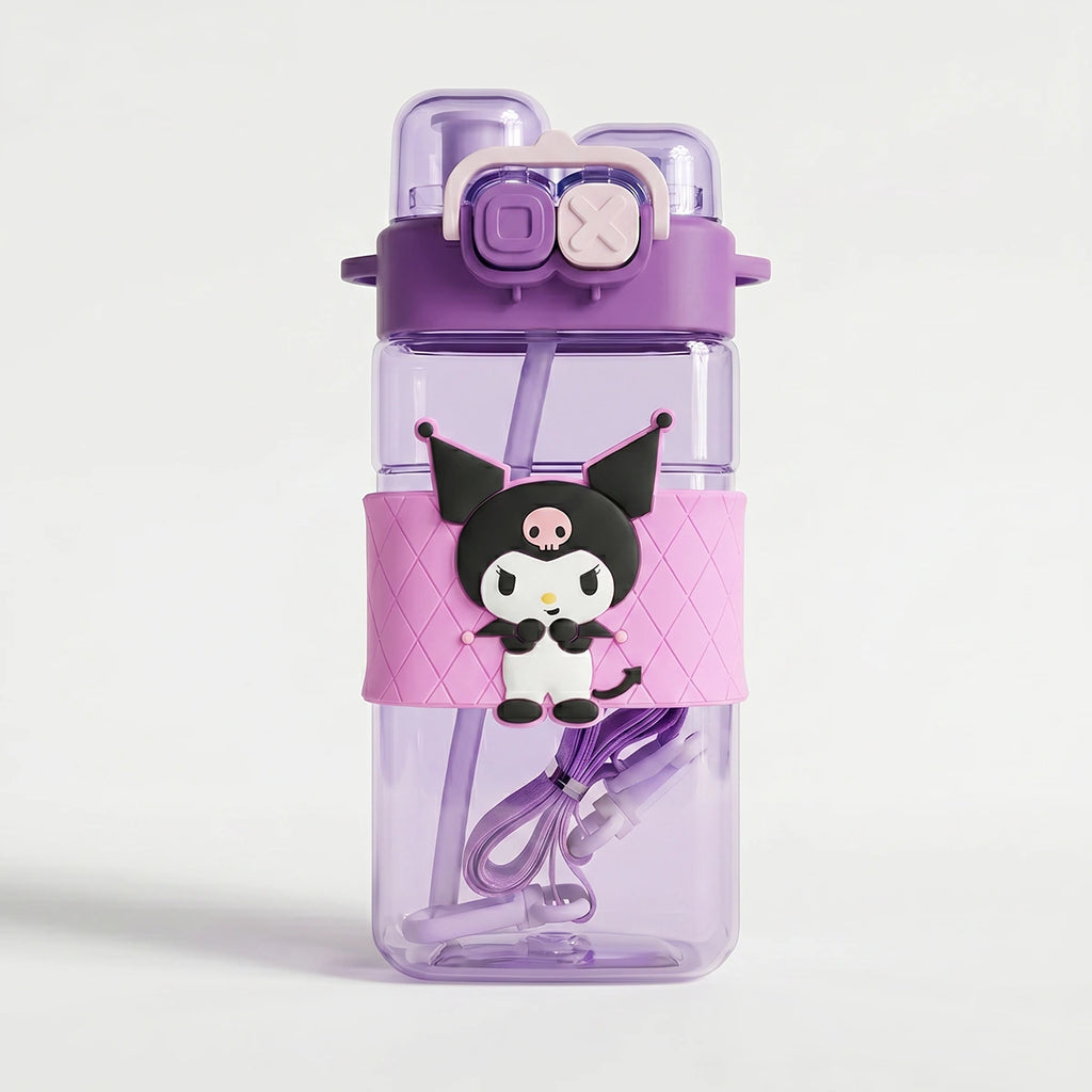 Cute Kids Purple Dual Spout Water Bottle with Straw, Leakproof Lid & Adjustable Strap Trending Accessories Purple Onesize