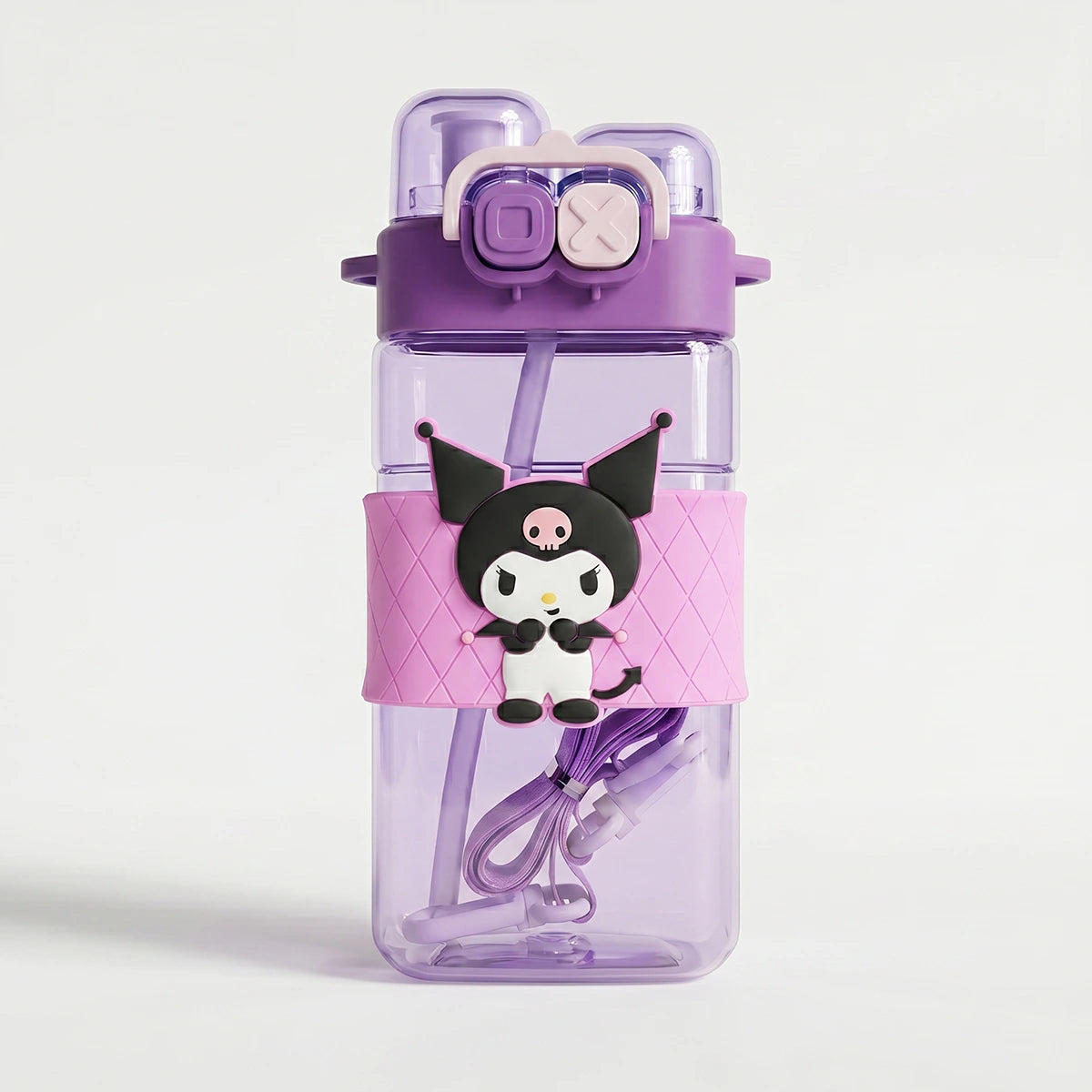 Cute Kids Purple Dual Spout Water Bottle with Straw, Leakproof Lid & Adjustable Strap Trending Accessories Purple Onesize