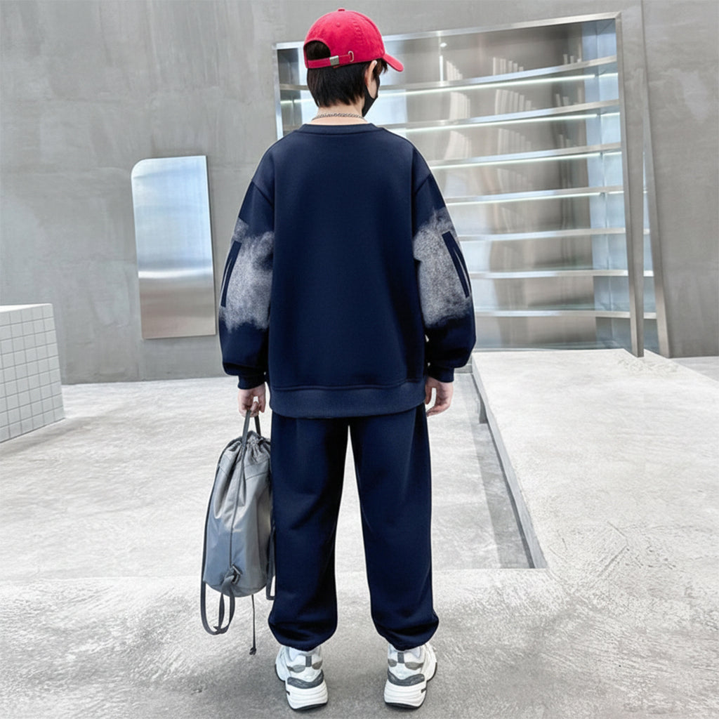 Boys Navy Blue Typographic Printed Sweatshirt With Pants Sets 2 pc. Sets