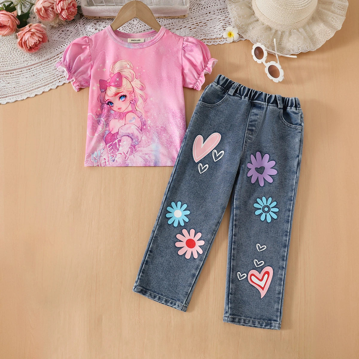 Girls Pink Graphics Puff Sleeves Top With Floral Printed Denim Pants Set Sets Pink 3-4 Y