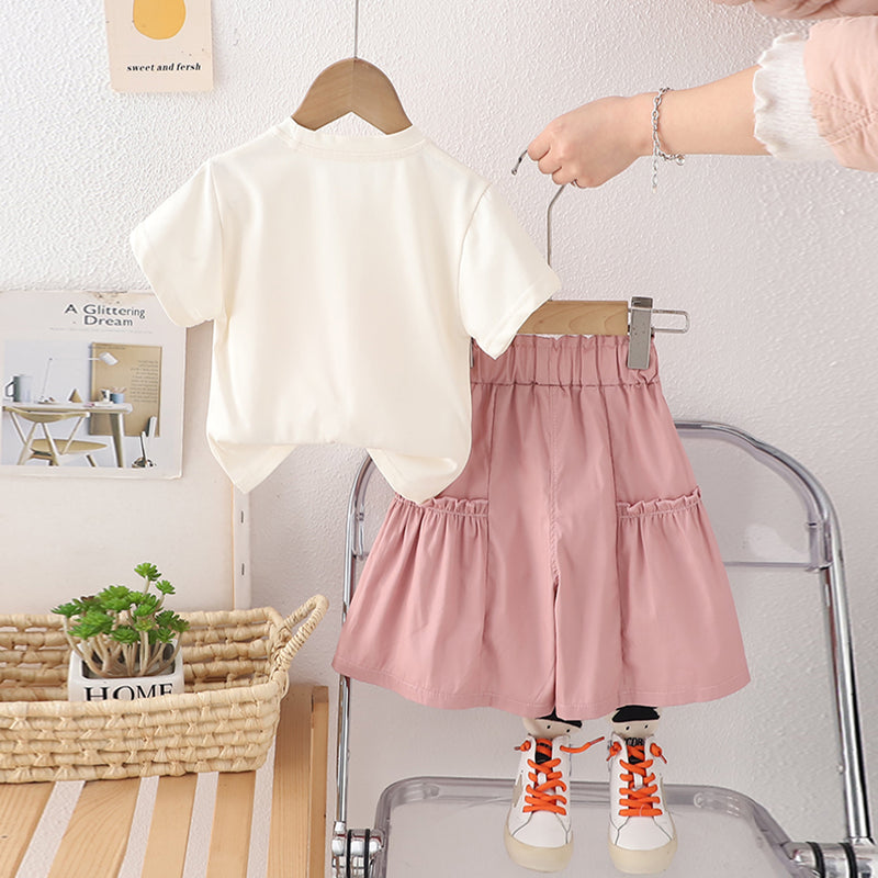 Girls Heart Printed Short Sleeves T-Shirt With Flared Pink Shorts Set 2 pc. Sets