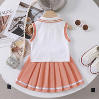 Girls Heart Embroidered Polo Top With Peach Pleated Skirt Sets 2 pc. Sets