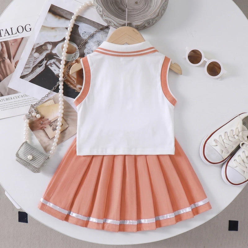 Girls Heart Embroidered Polo Top With Peach Pleated Skirt Sets 2 pc. Sets