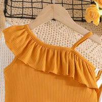 Girls Yellow One Shoulder Crop Top With Striped flared Pants Set 2 pc. Sets