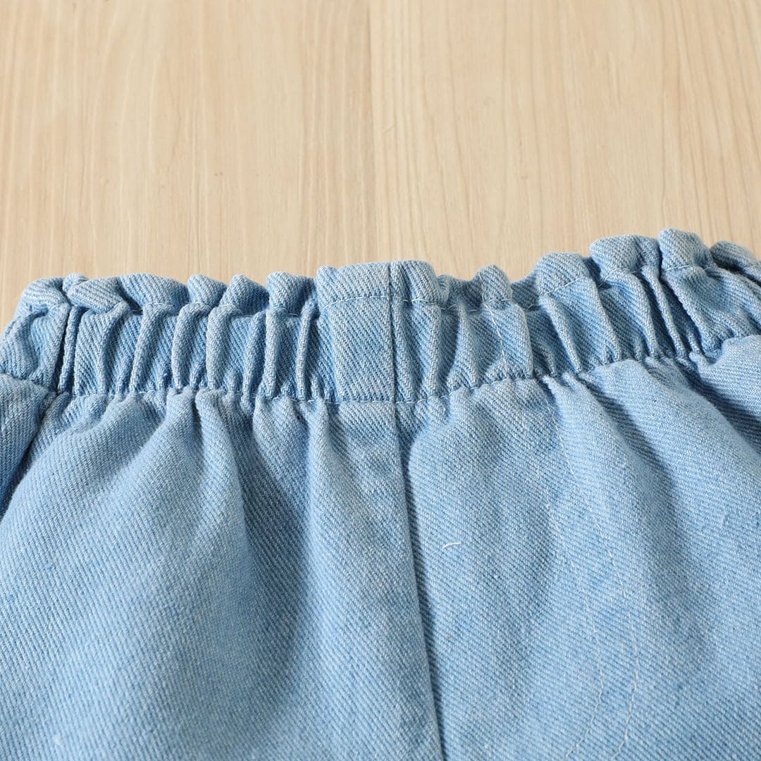 Girls Off Shoulder Smocked Top With Elasticated Denim Pants Set Sets   