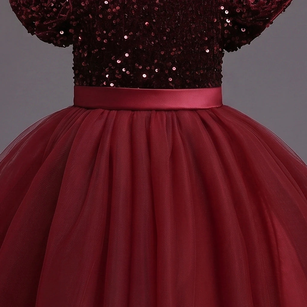 Girls Maroon Puff Sleeve Sequins Embellished Fit & Flare Party Wear Dress Party Dresses