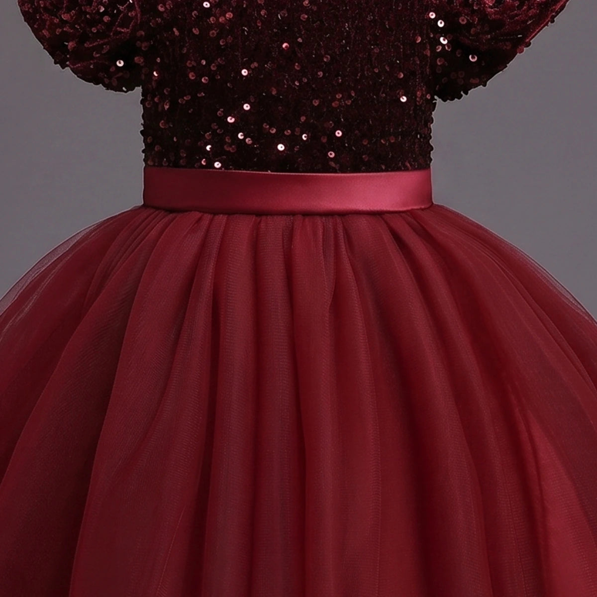 Girls Maroon Puff Sleeve Sequins Embellished Fit & Flare Party Wear Dress Party Dresses