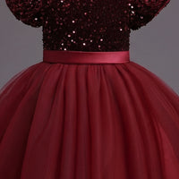 Girls Maroon Puff Sleeve Sequins Embellished Fit & Flare Party Wear Dress Party Dresses
