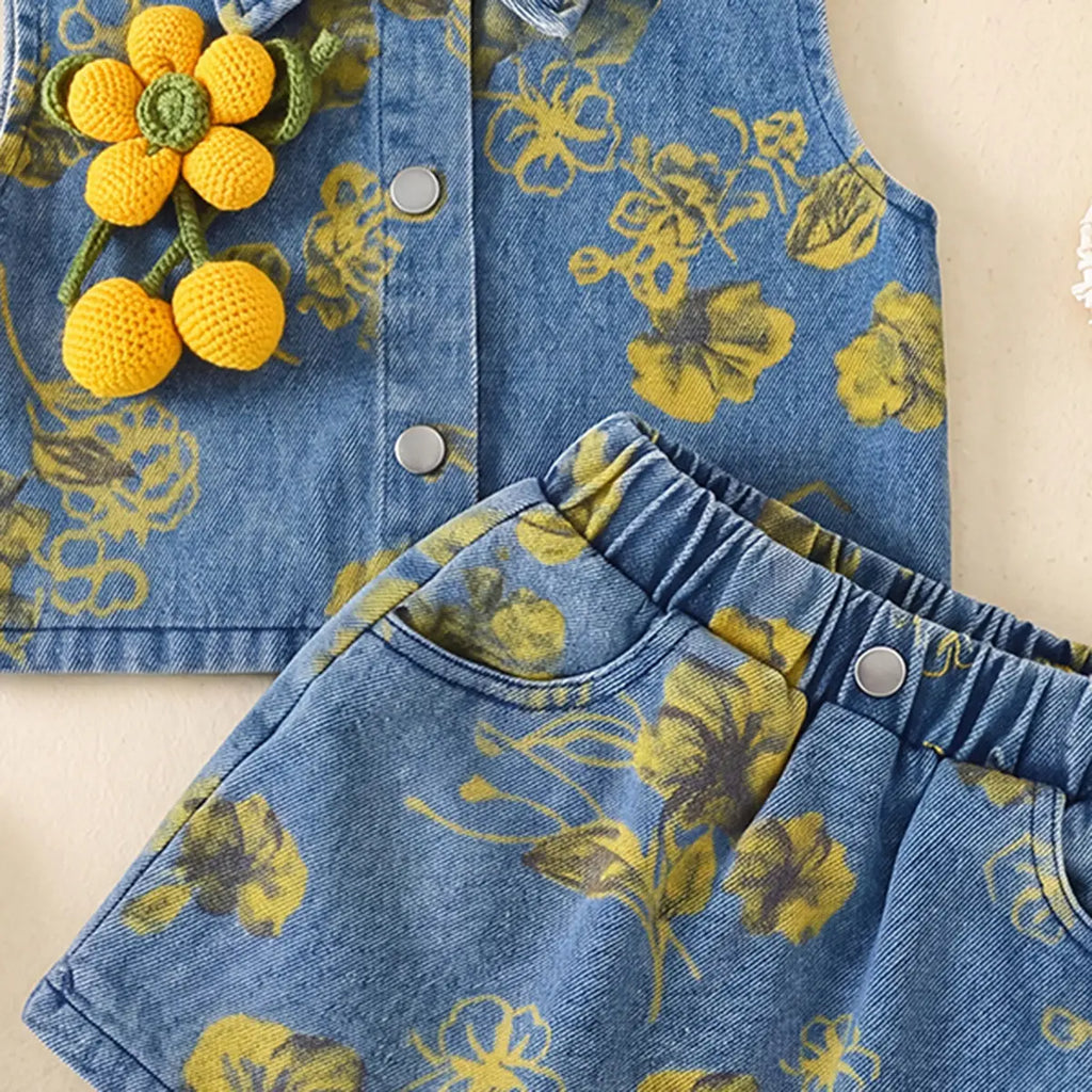 Girls Blue Floral Printed Sleeveless Denim Top With Elasticated Denim Skirt Sets 2 pc. Sets