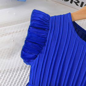 Girls Blue Flutter Sleeves Round Neck Dress Casual Dresses