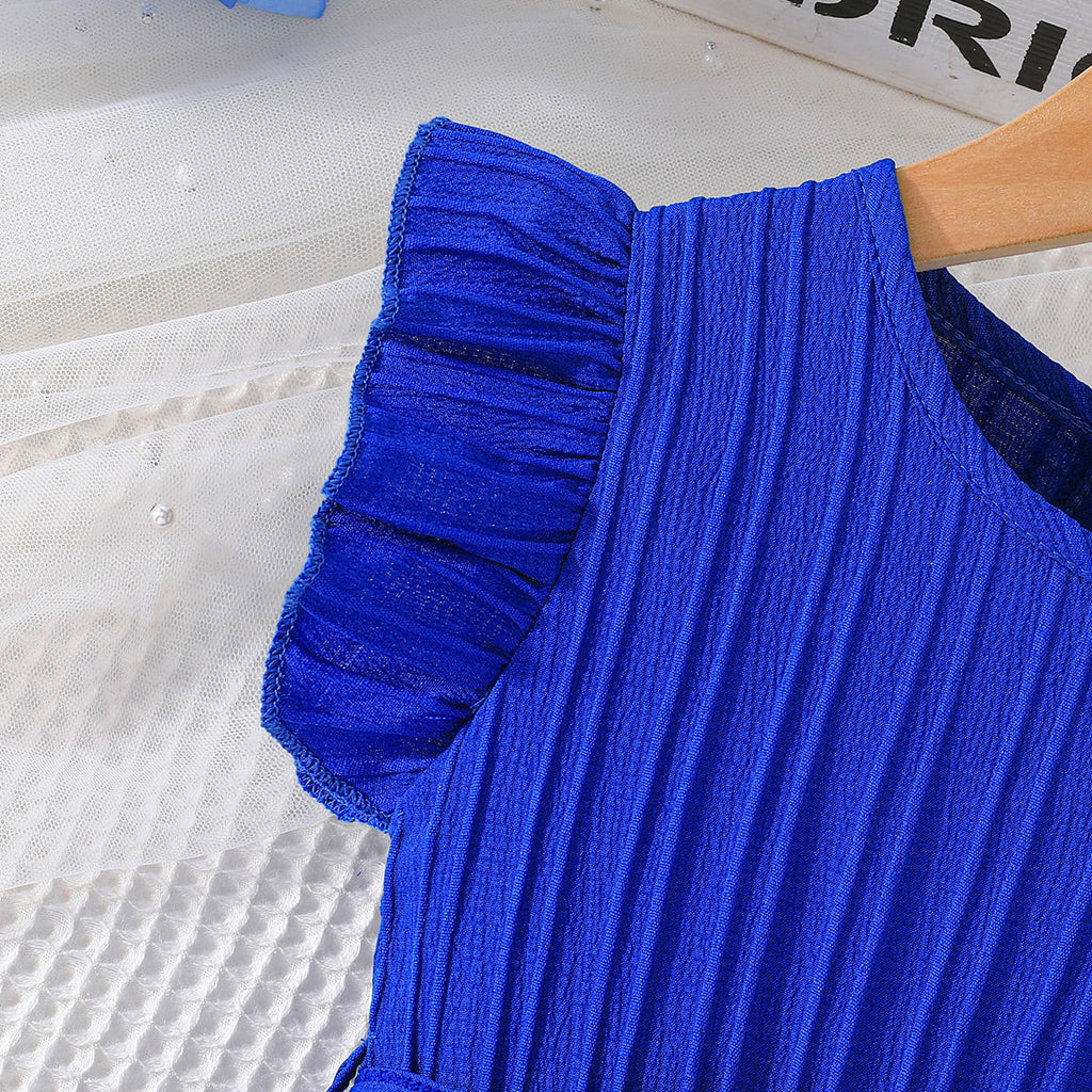 Girls Blue Flutter Sleeves Round Neck Dress Casual Dresses