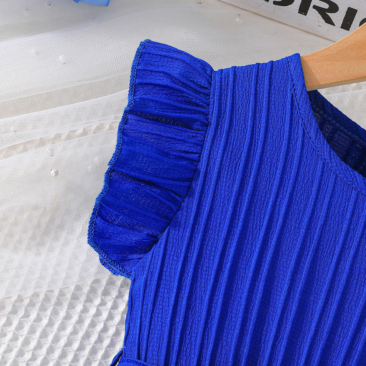 Girls Blue Flutter Sleeves Round Neck Dress Casual Dresses