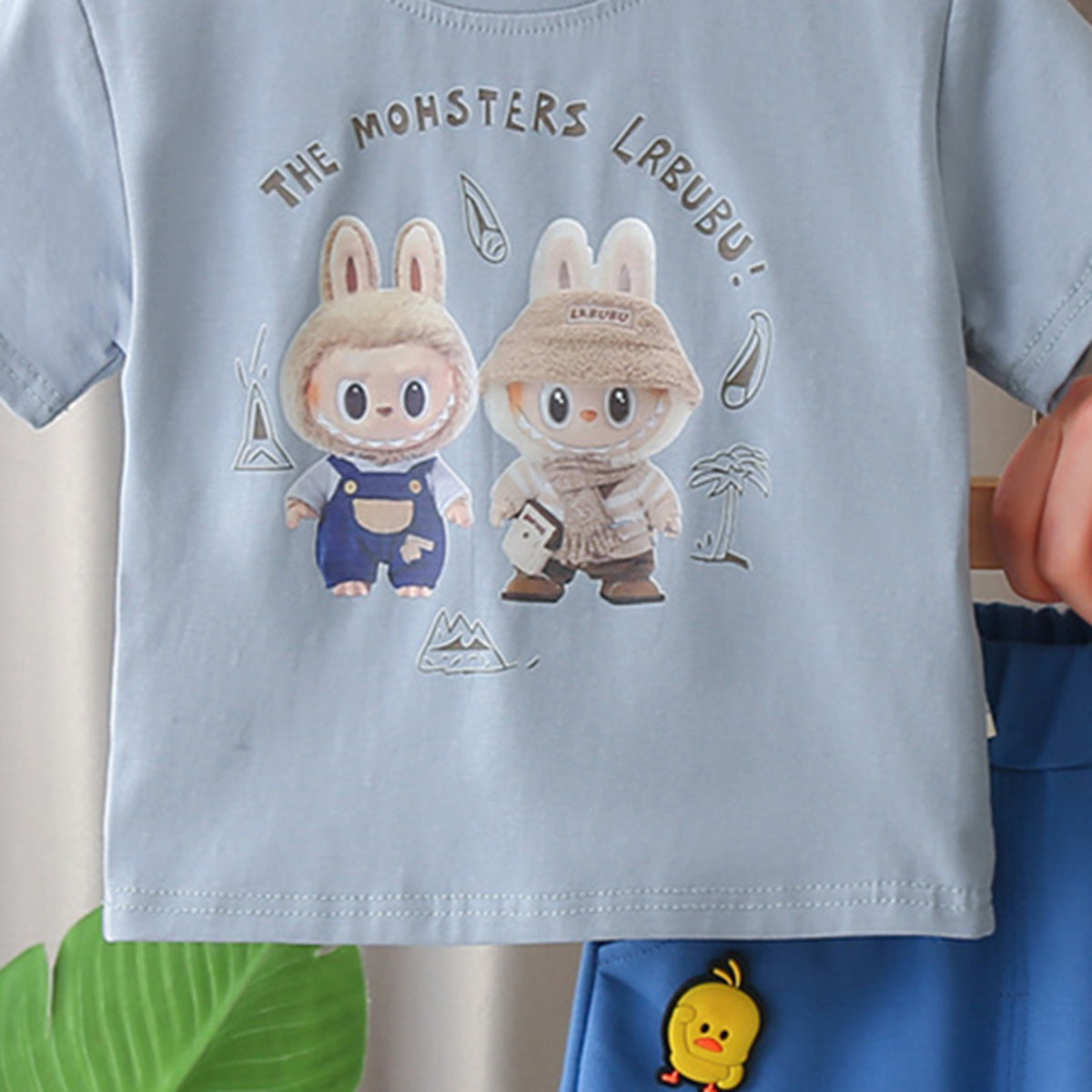 Boys Blue Printed T-shirt with Knitted Shorts Set Sets