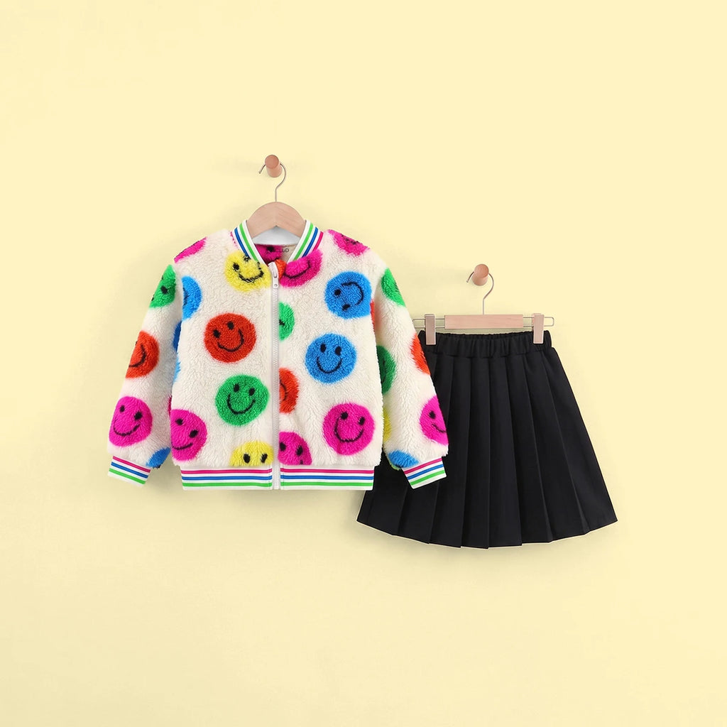 Girls Multicolour Smiley Print Long Sleeve Jacket With Skirt Sets 2 pc. Sets Multicolor 3-4 Y