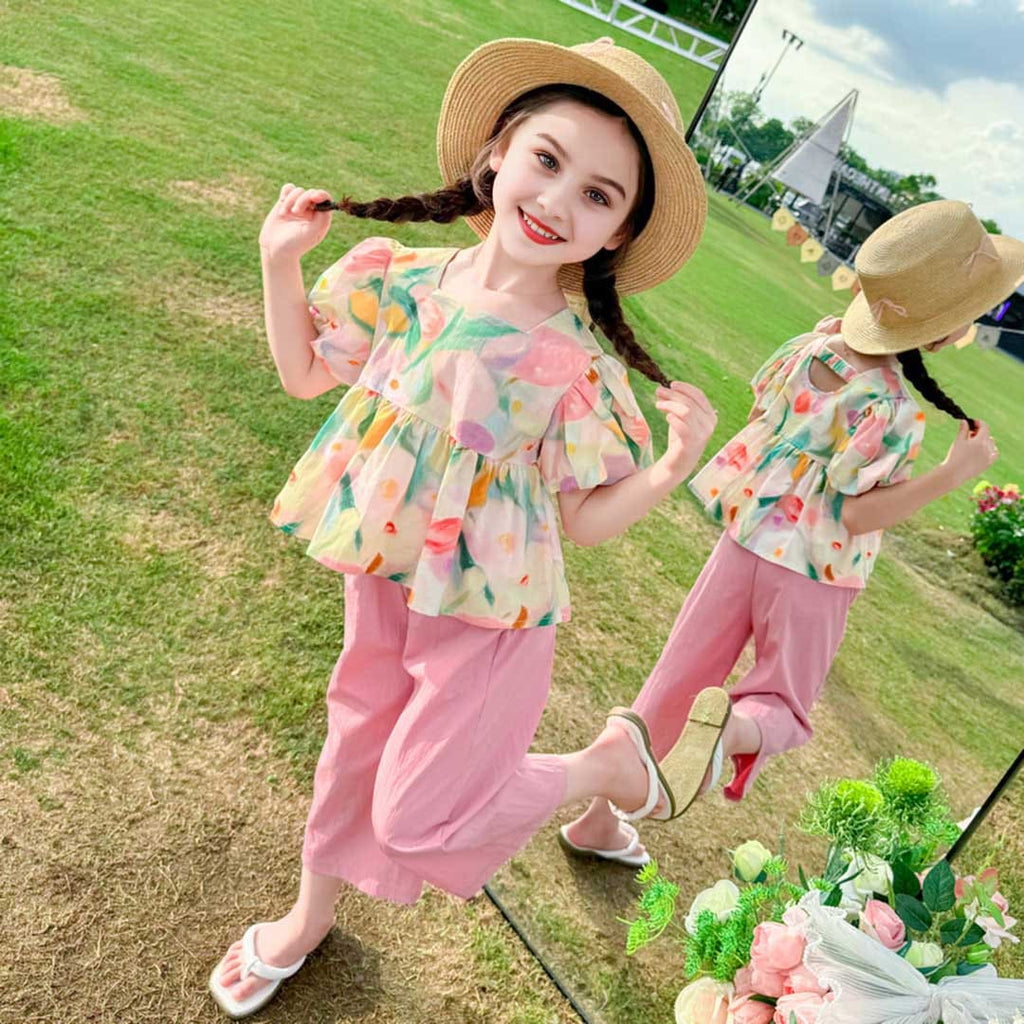Girls Floral Print Top With Pants Set