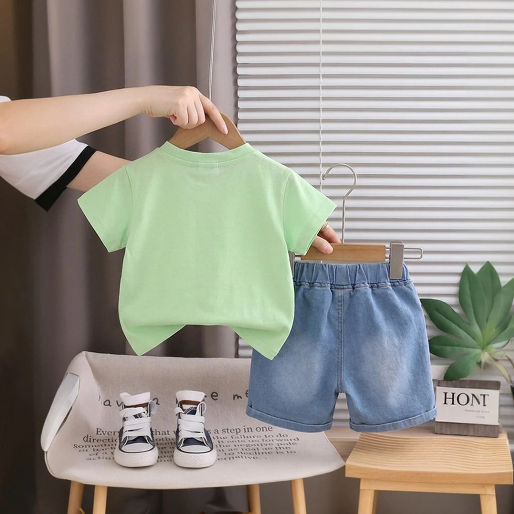 Boys Green Bear Camera Print Short Sleeve T-Shirt With Denim Shorts Sets 2 pc. Sets