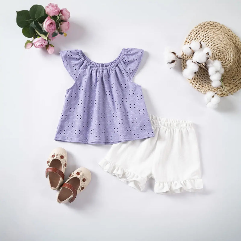 Girls Purple Eyelet Embroidered Top With Ruffle Hem Shorts Set Sets Purple 1-2 Y