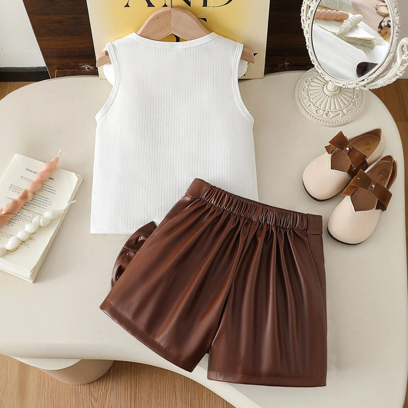 Girls White Floral Applique Sleeveless Top With Faux Leather Skirt Sets 2 pc. Sets