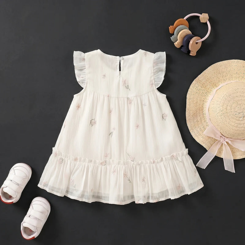 Girls White Floral TulipBow Applique A-line Dress With Sun Hat Casual Dresses