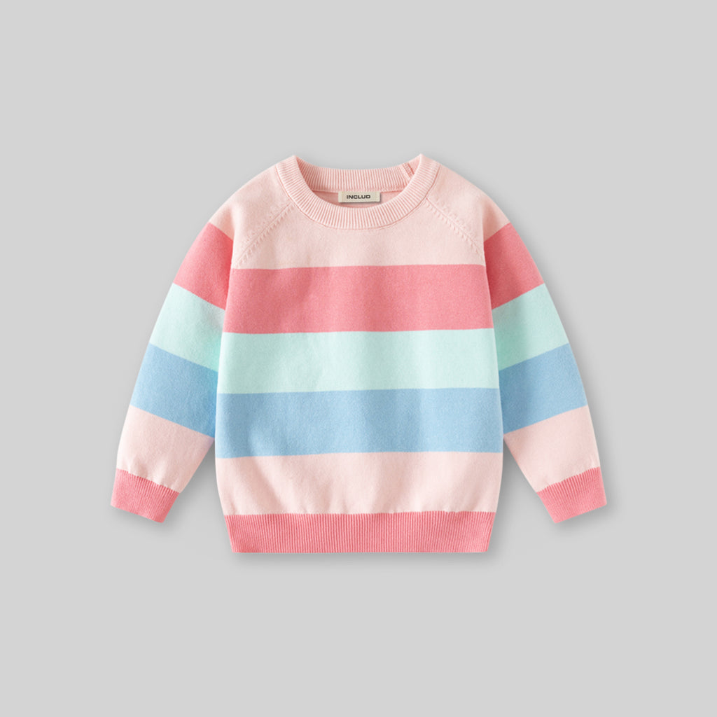 Girls Multicolor Regular Sweatshirt With Self-Design Stripe Patterns Sweaters & Cardigans