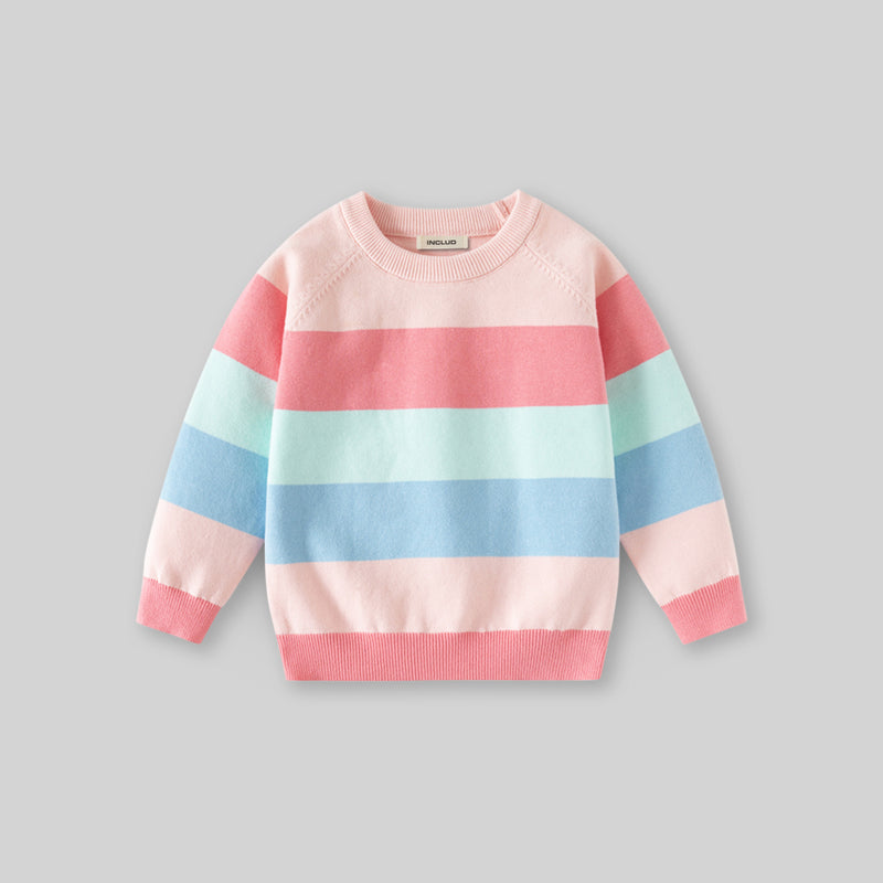 Girls Multicolor Regular Sweatshirt With Self-Design Stripe Patterns Sweaters & Cardigans