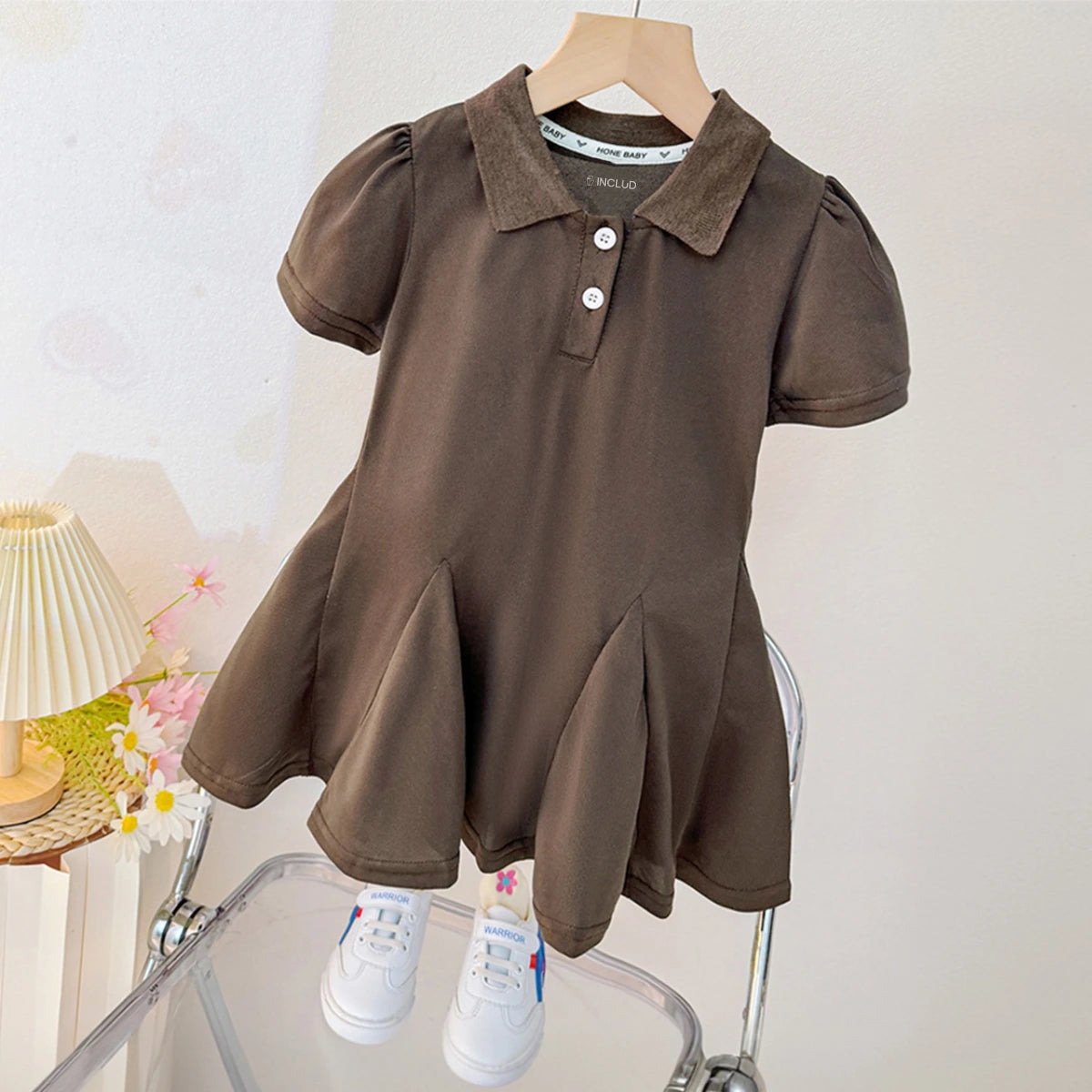 Girls Brown Puff Sleeve Shirt Collar Fit & Flare Dress Casual Dresses Brown 1-2 Y