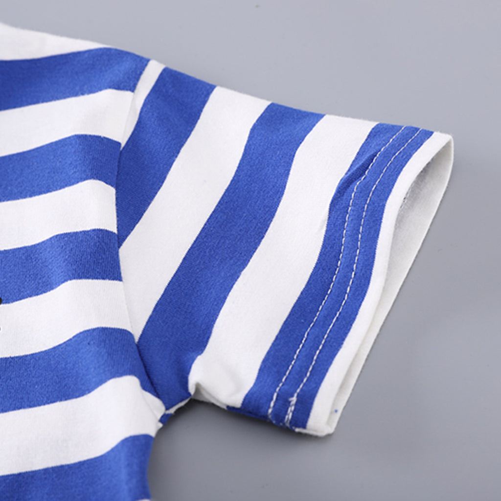 Boys Blue Stripes Short Sleeve T-Shirt And Dungaree Set With Teddy Applique 2 pc. Sets