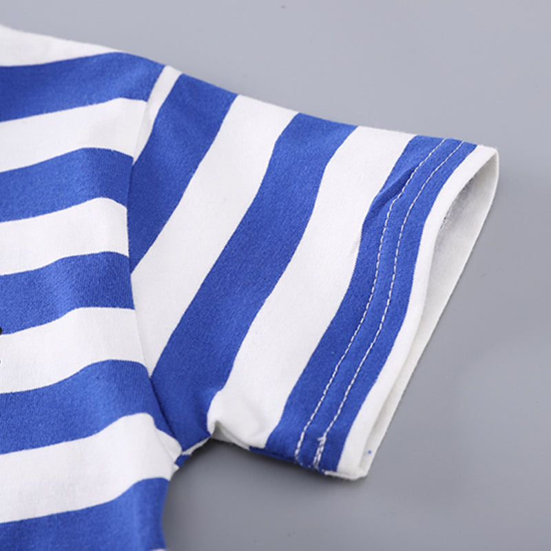 Boys Blue Stripes Short Sleeve T-Shirt And Dungaree Set With Teddy Applique 2 pc. Sets