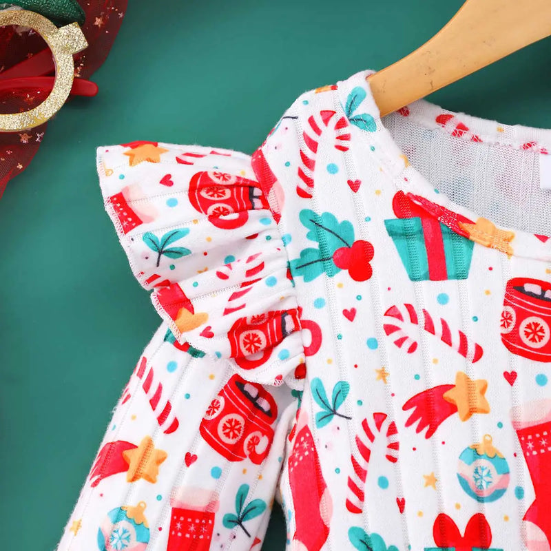 Girls White Christmas-themed Printed Fit & Flare Dress Casual Dresses
