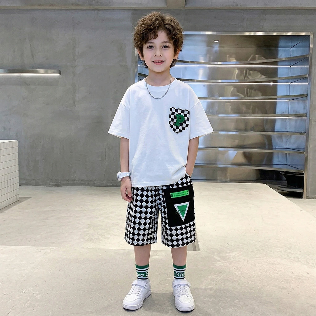 Boys White Checked Pocket Short Sleeves T-Shirt With Elasticated Shorts Sets Sets White 5-6 Y