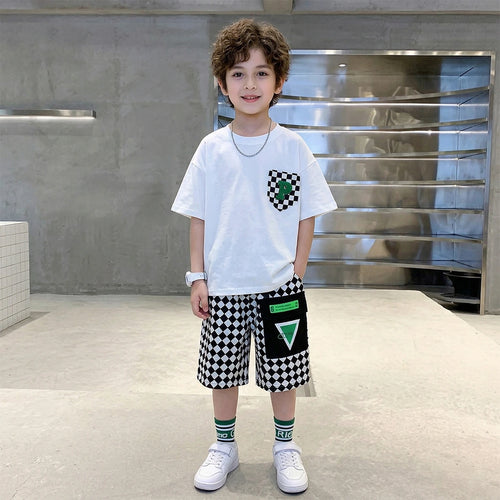 Boys White Checked Pocket Short Sleeves T-Shirt With Elasticated Shorts Sets Sets White 5-6 Y