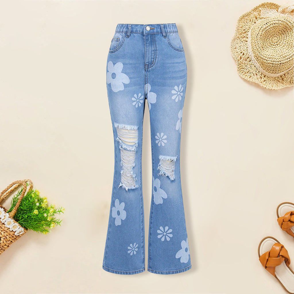 Girls Blue Floral Printed Distressed Bellbottom Denim Pant Pants Blue 7-8 Y