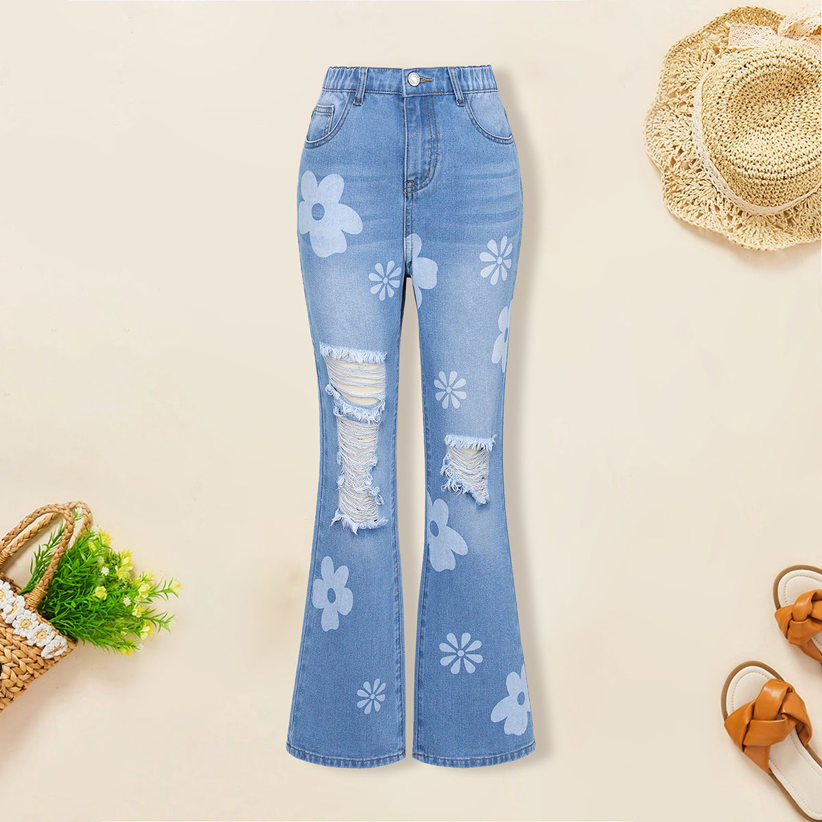 Girls Blue Floral Printed Distressed Bellbottom Denim Pant Pants Blue 7-8 Y