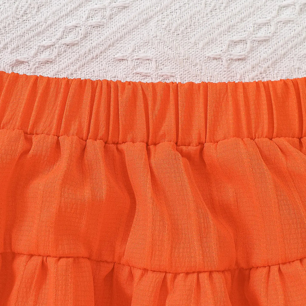 Girls Orange Geometric Printed Top With Tiered Skirt Sets Sets